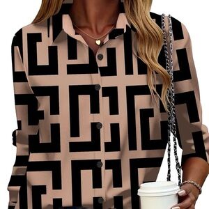 Chic Black and Tan Geometric Women's Button Down Shirt NWT
